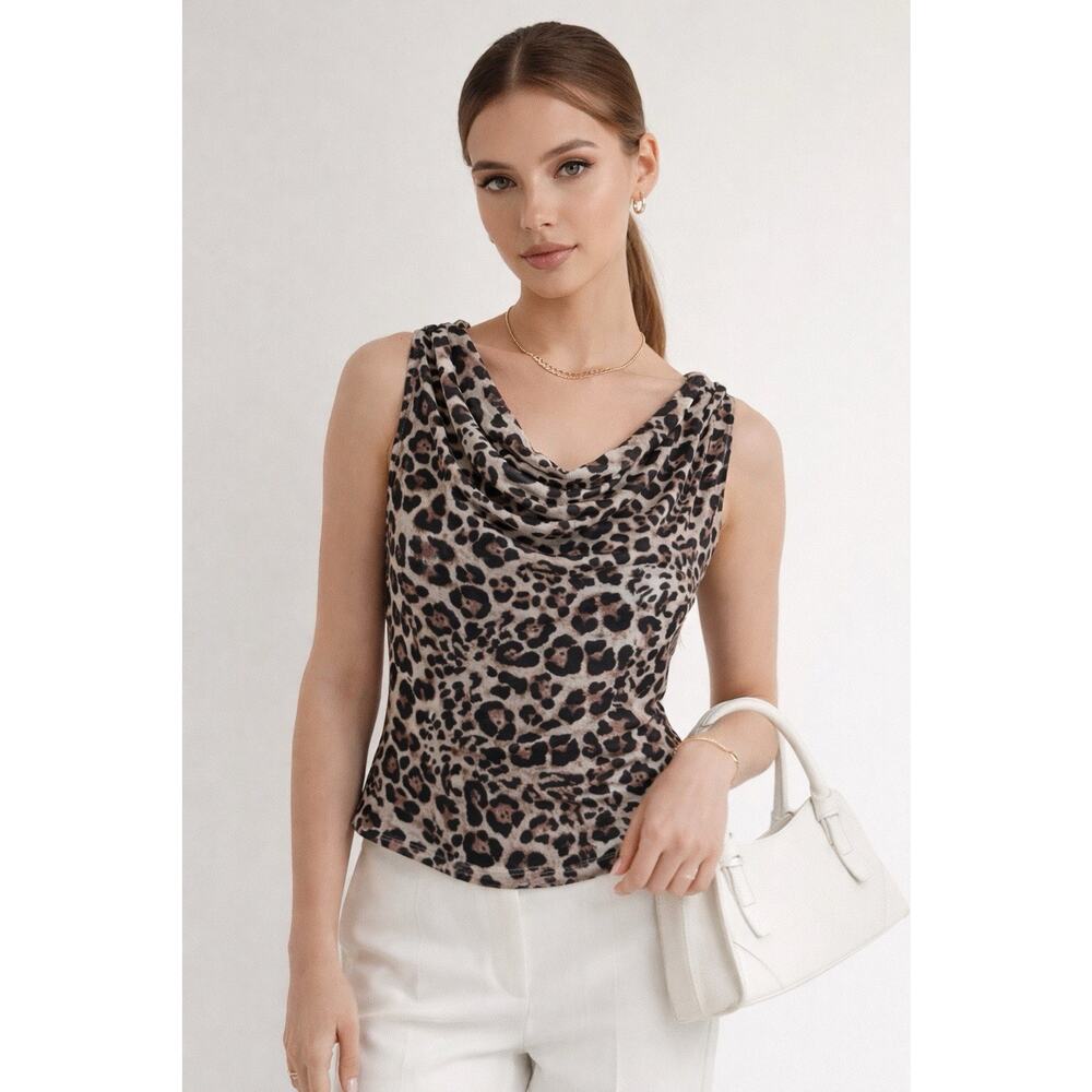 SEE YOU MONDAY Womens Animal Print Top XS Cowl Neck Old Money Clean Girl Date